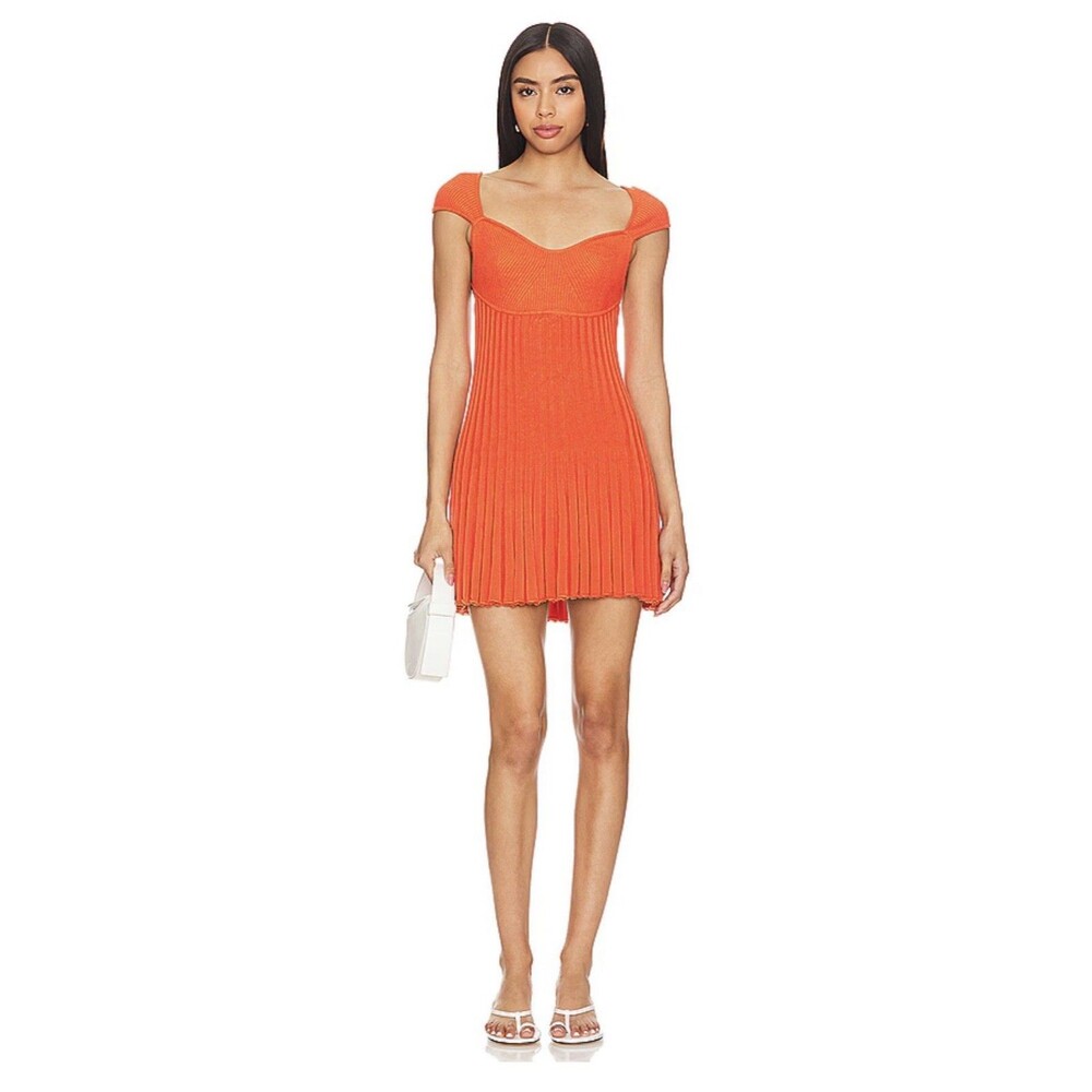 Free People Cherie Mini Dress Orange Ribbed Pleated Open Tie Back Xs